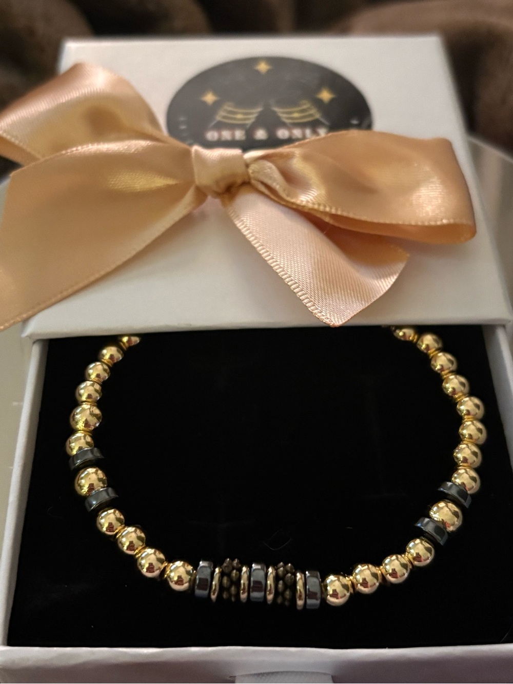 Gold Beaded Stretch Bracelet Hematite and Gold Plated beads NWB